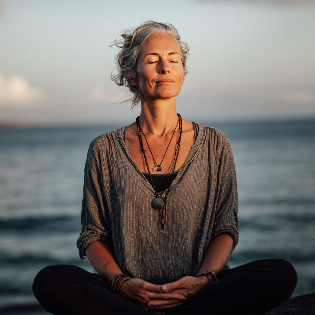 experienced yoga instructor in forties demonstrating peaceful meditation posture
