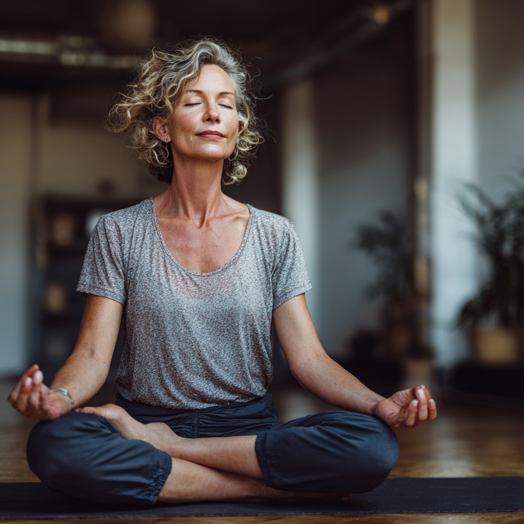 mature woman practicing mindful yoga meditation in peaceful studio environment