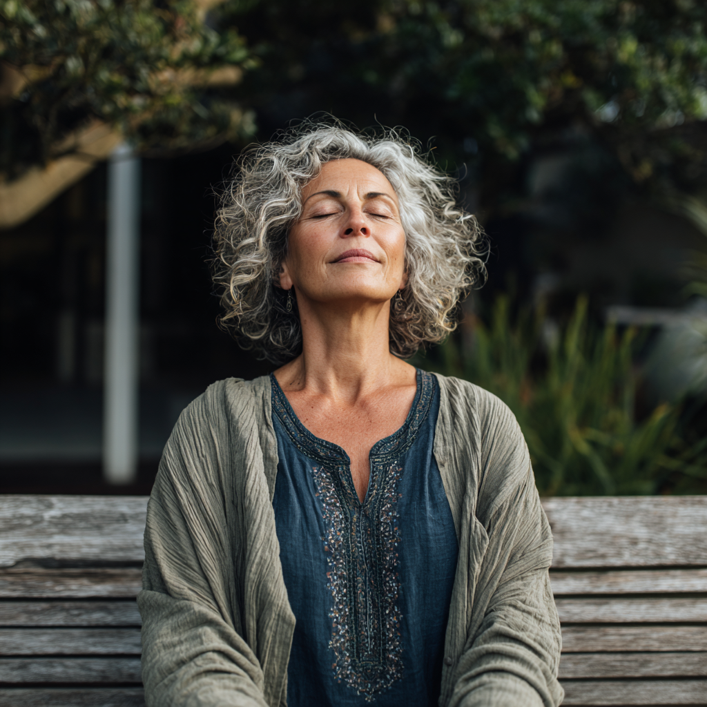 serene middle-aged person in meditation pose surrounded by natural elements